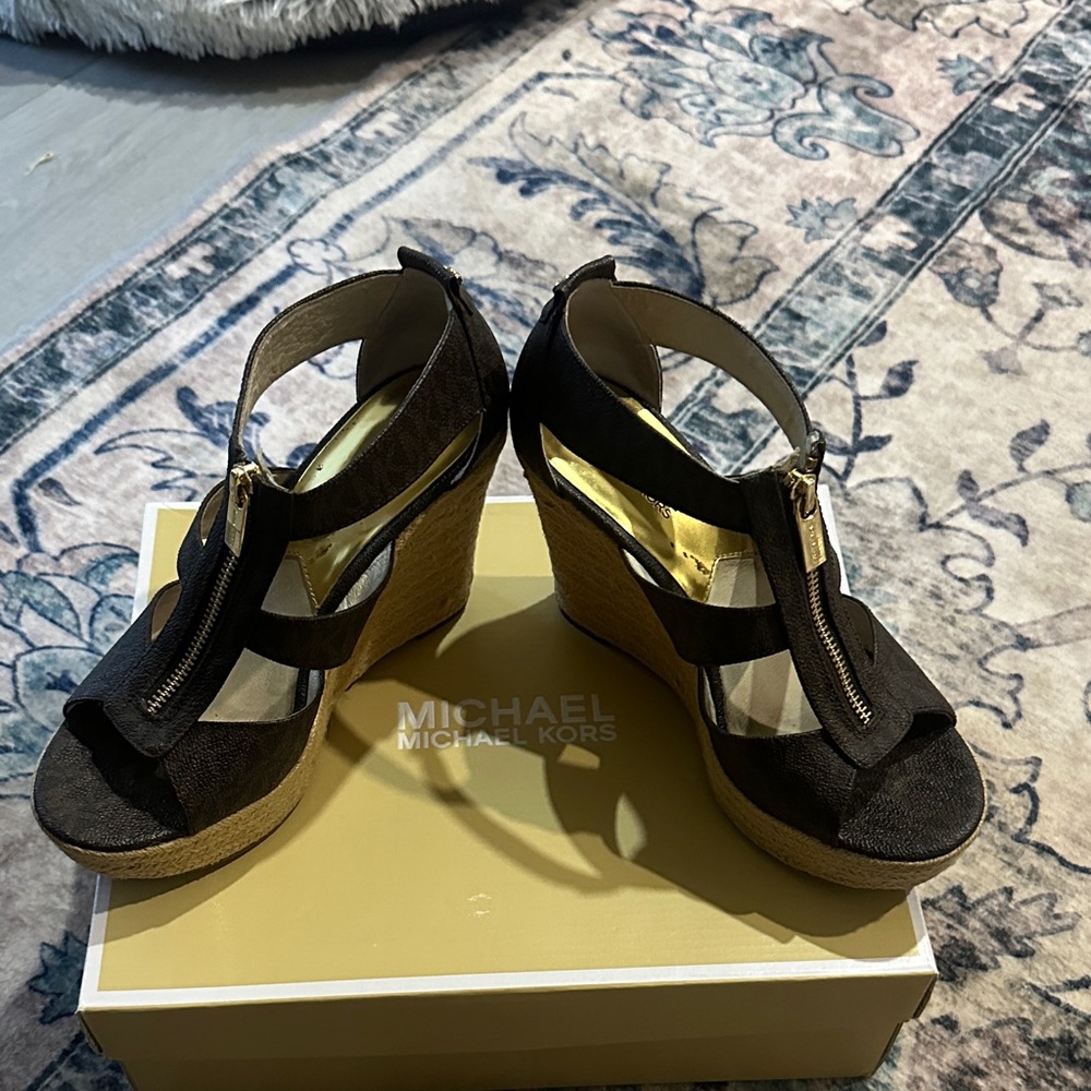 Michael Kors Brown and Gold Wedge Sandals